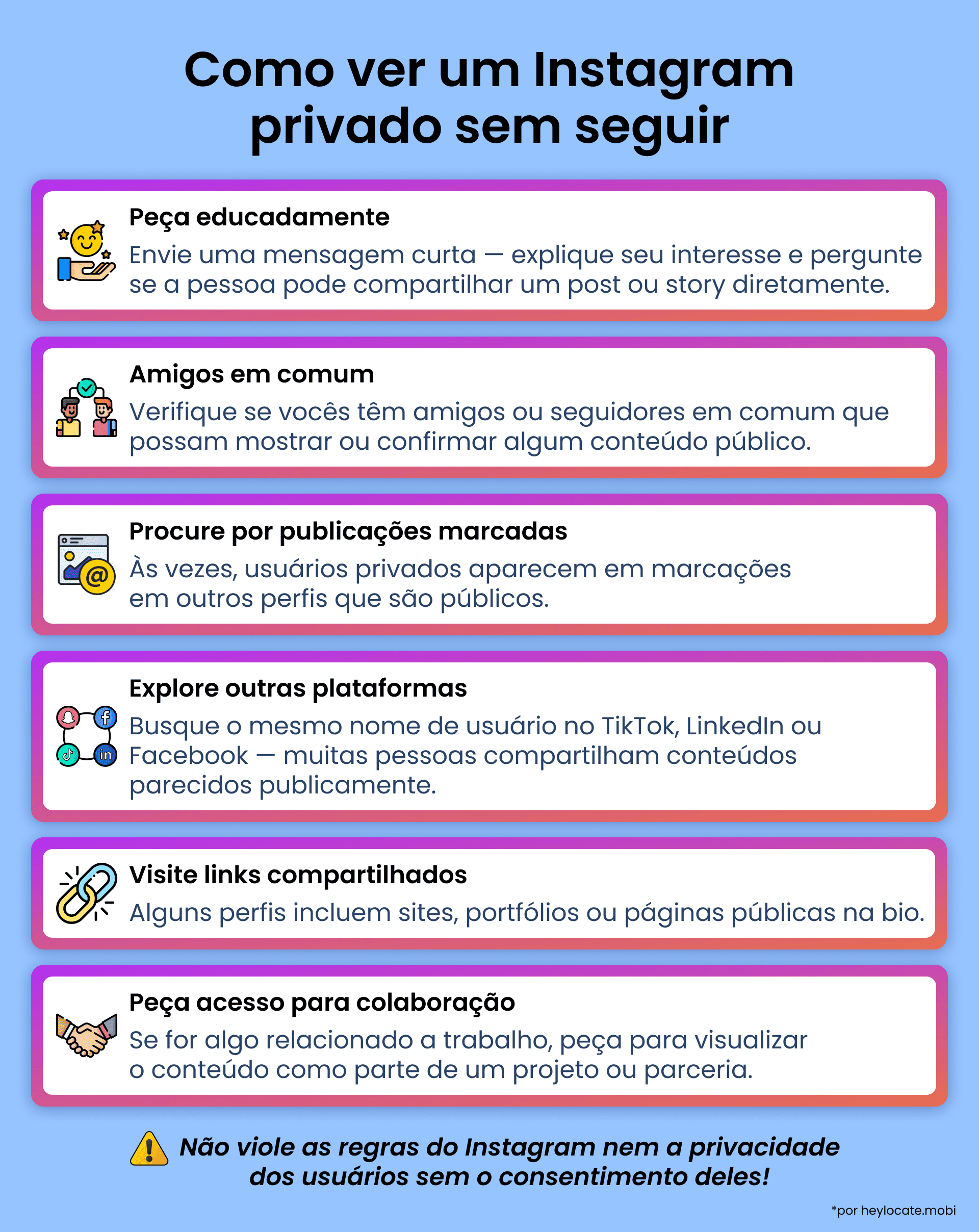 Infográfico sobre maneiras seguras de ver contas privadas do Instagram sem seguir.