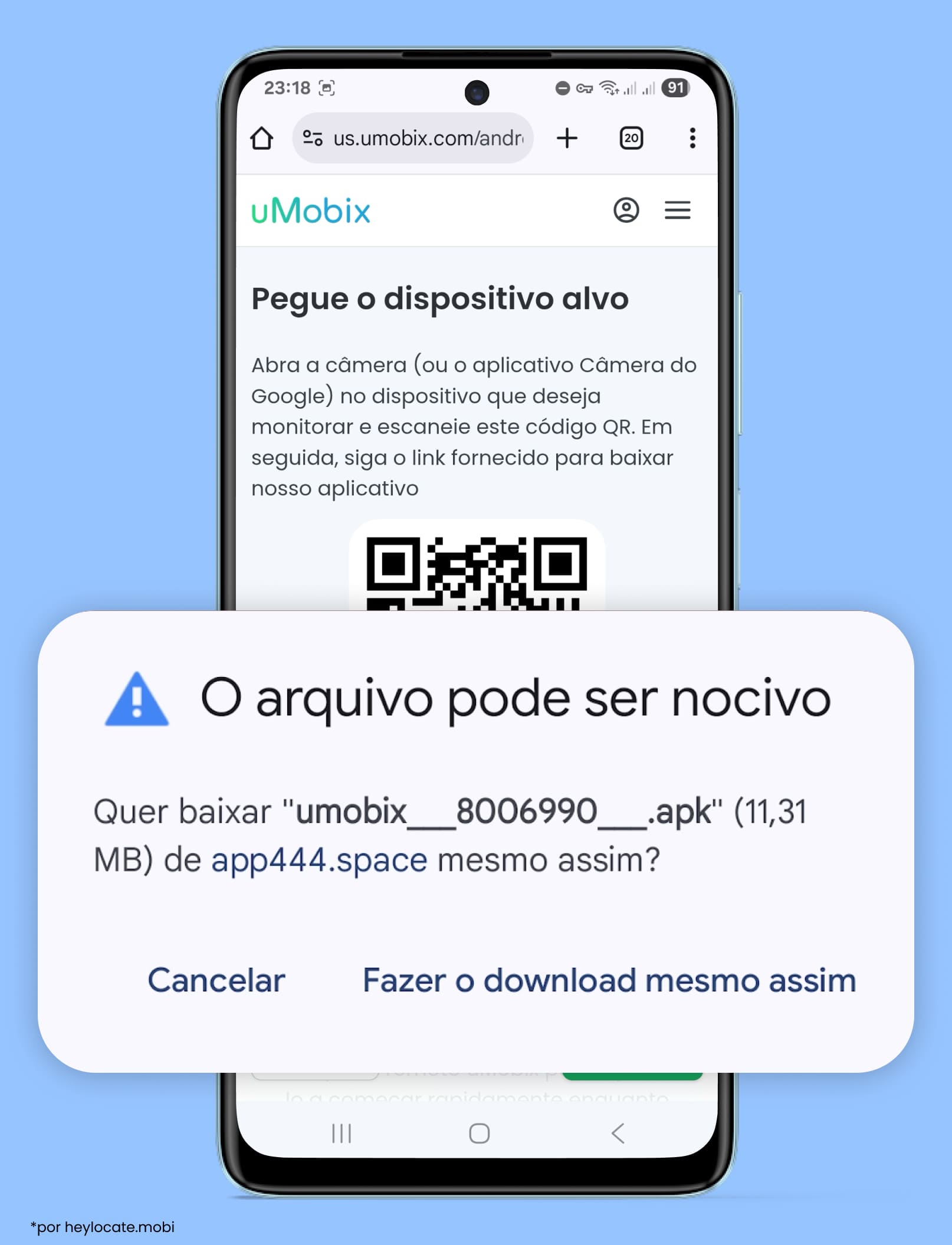 Instalação do aplicativo uMobix com um código QR e um aviso sobre baixar o arquivo APK.