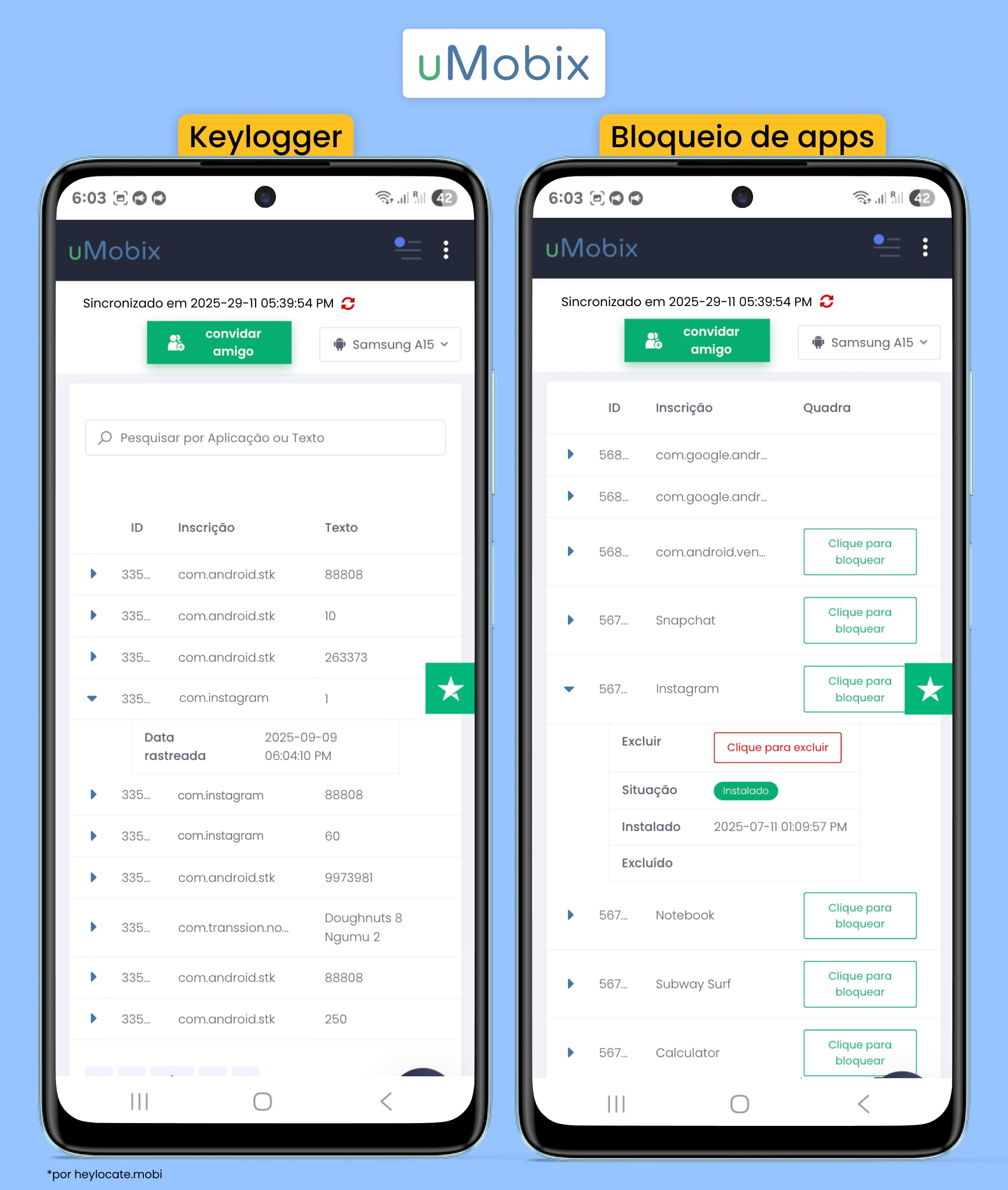 Keylogger com uma lista de dados digitados e App Blocker com uma lista de aplicativos e botões de bloqueio.
