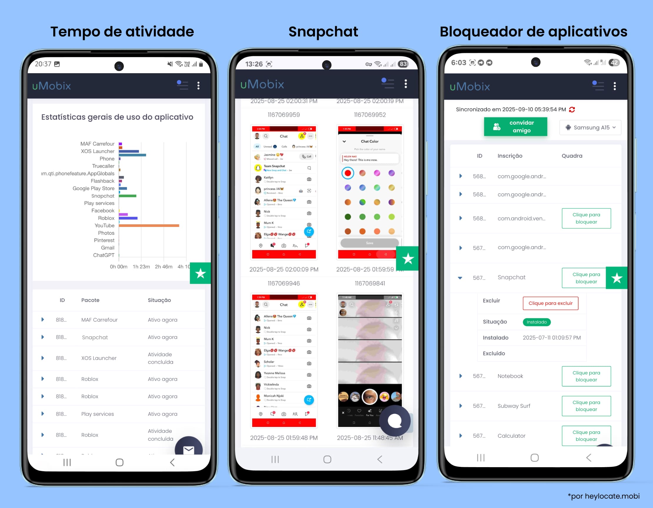 Tela do uMobix exibindo estatísticas de uso de aplicativos, visualização de capturas do Snapchat e a opção de bloquear apps.
