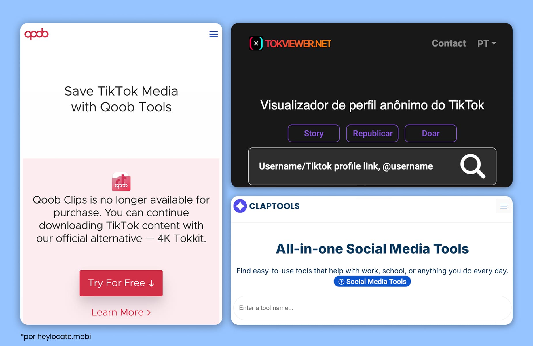 Capturas de tela de serviços: Tokviewer, Claptools, Qoob Clips.