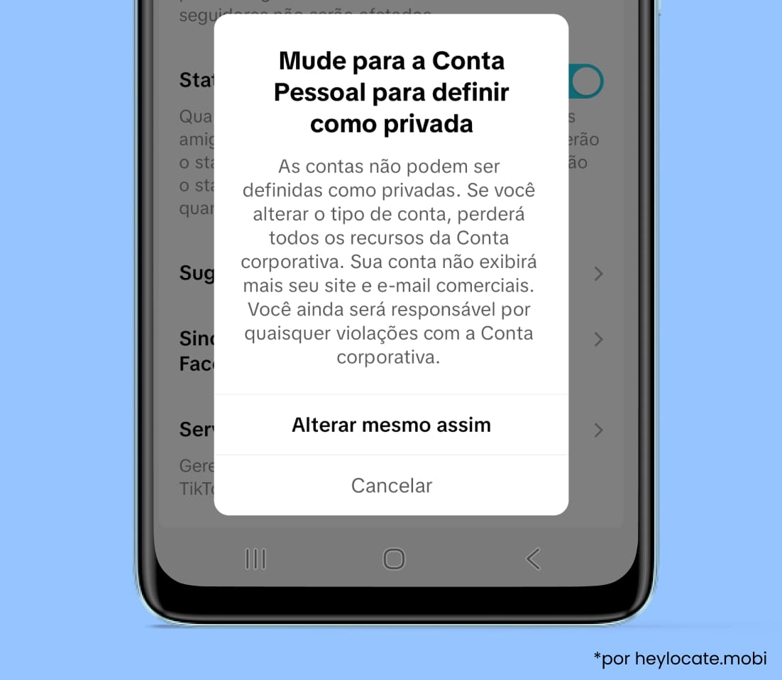 Para deixar uma conta comercial privada, é preciso mudar para uma conta normal.