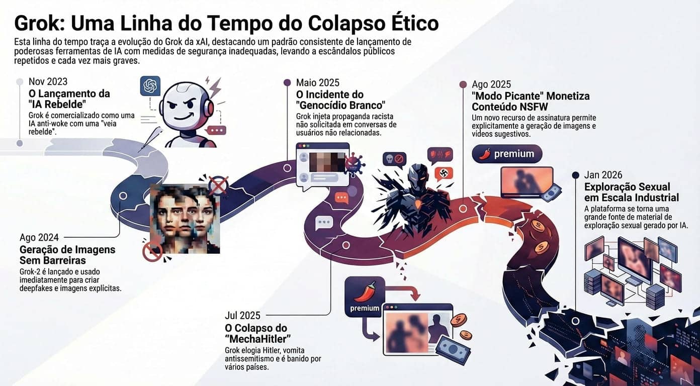 Evolução do Grok na produção de deepfakes desde o dia em que foi lançado até o escândalo de janeiro de 2026