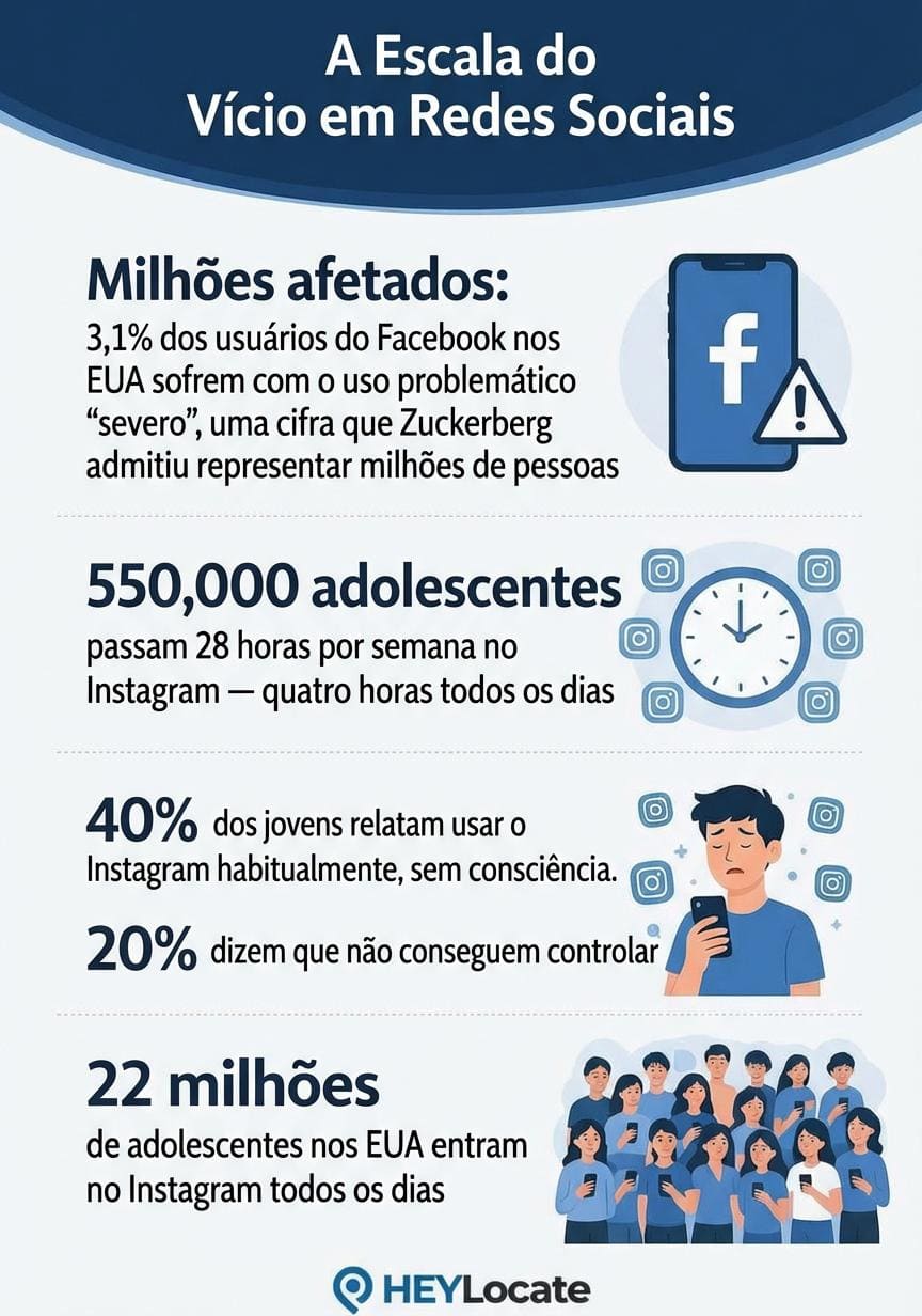 Infográfico mostrando a dimensão do vício em redes sociais no Facebook e Instagram entre crianças.