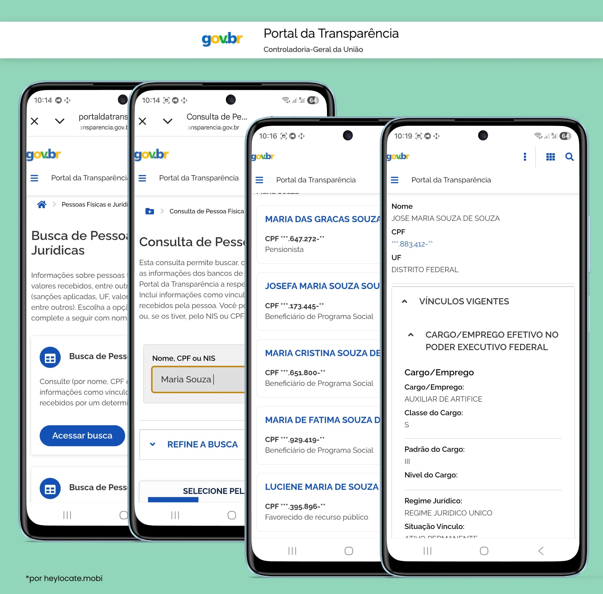 Exemplo de busca de pessoas físicas no registro governamental brasileiro Portal da Transparência, com resultados por nome, CPF e informações sobre cargos ocupados.