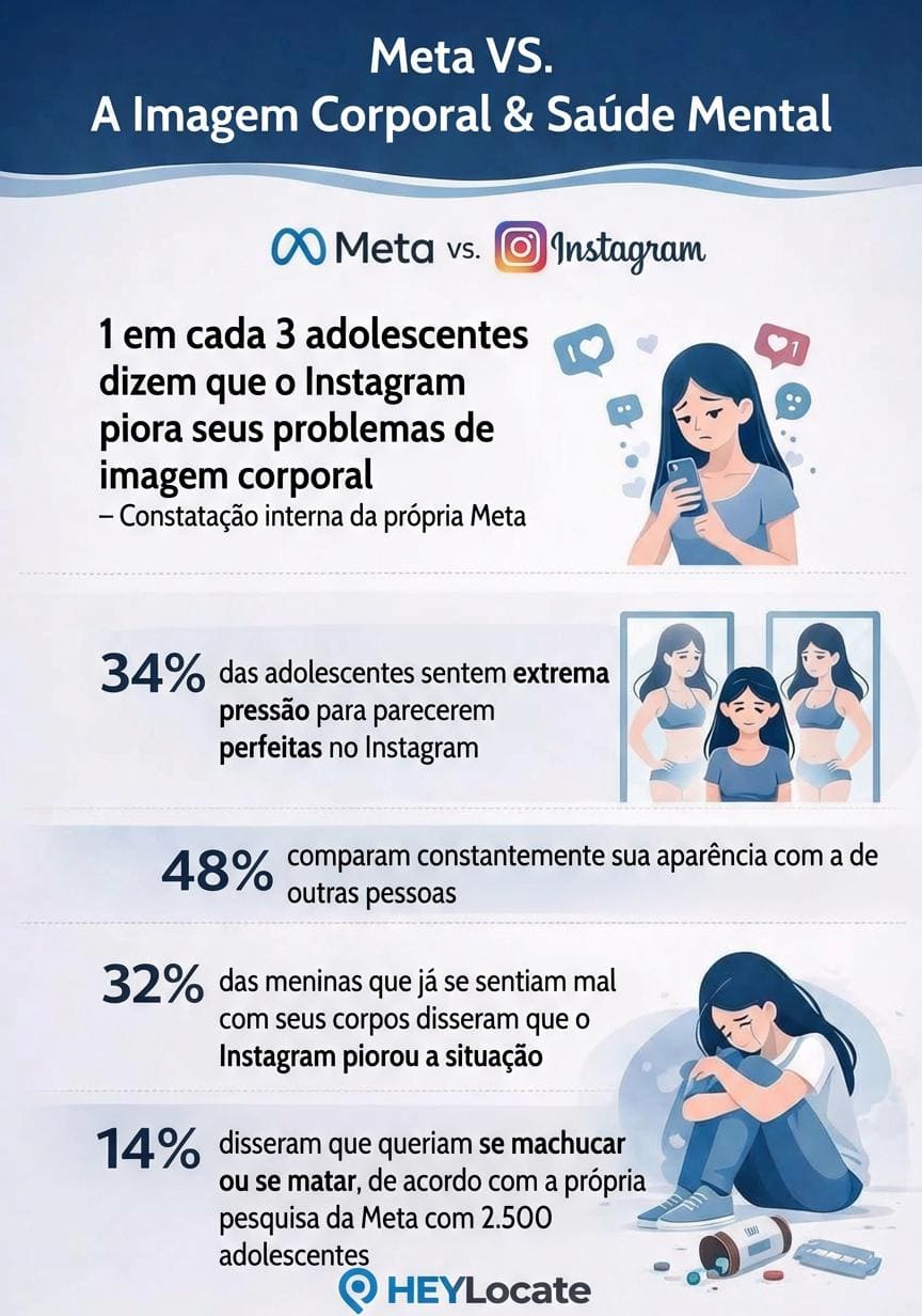 Infográfico mostrando como a Meta impacta a imagem corporal e a saúde mental de meninas adolescentes.