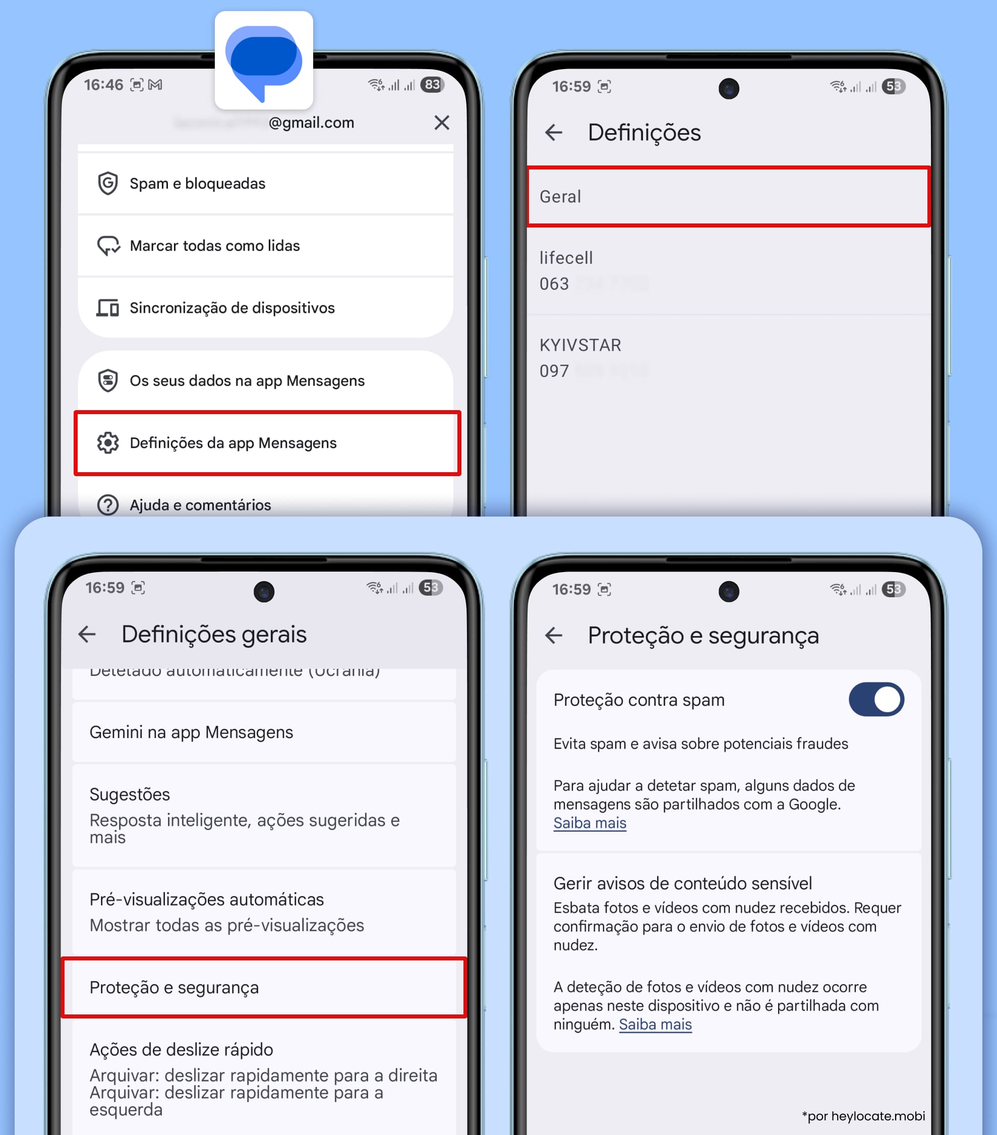 Você pode ativar a Proteção contra spam (Geral - Proteção e segurança) pelo app Mensagens.