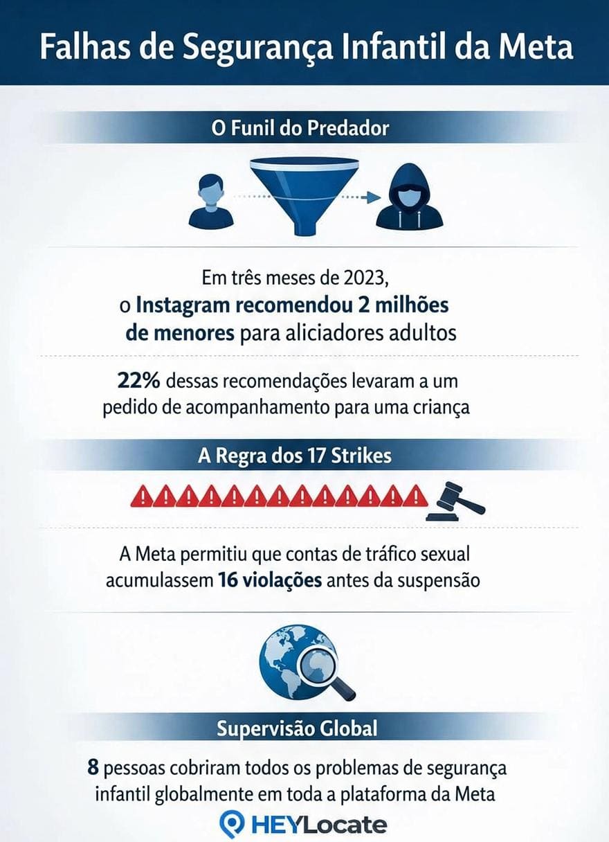 Infográfico mostrando como a Meta falha em criar um ambiente seguro para crianças, com funis para predadores e lealdade ao tráfico sexual, entre outros problemas.