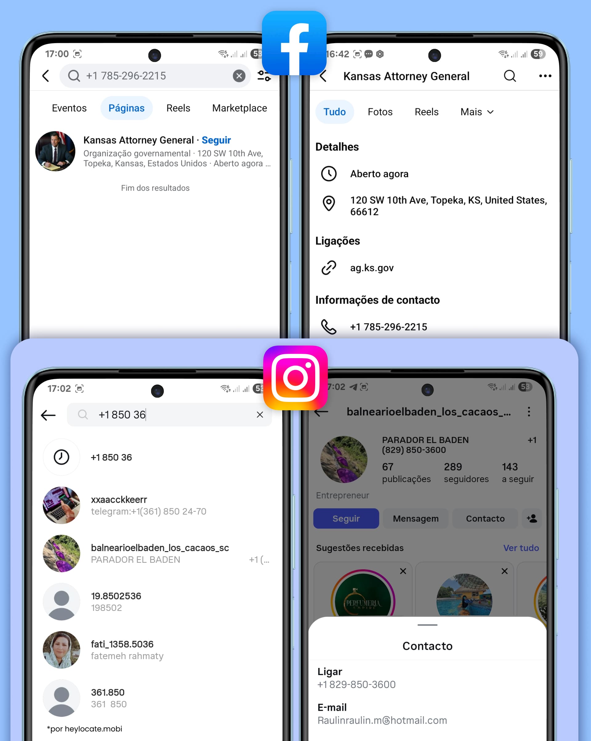Busca de um número de telefone no Facebook e no Instagram e os resultados.