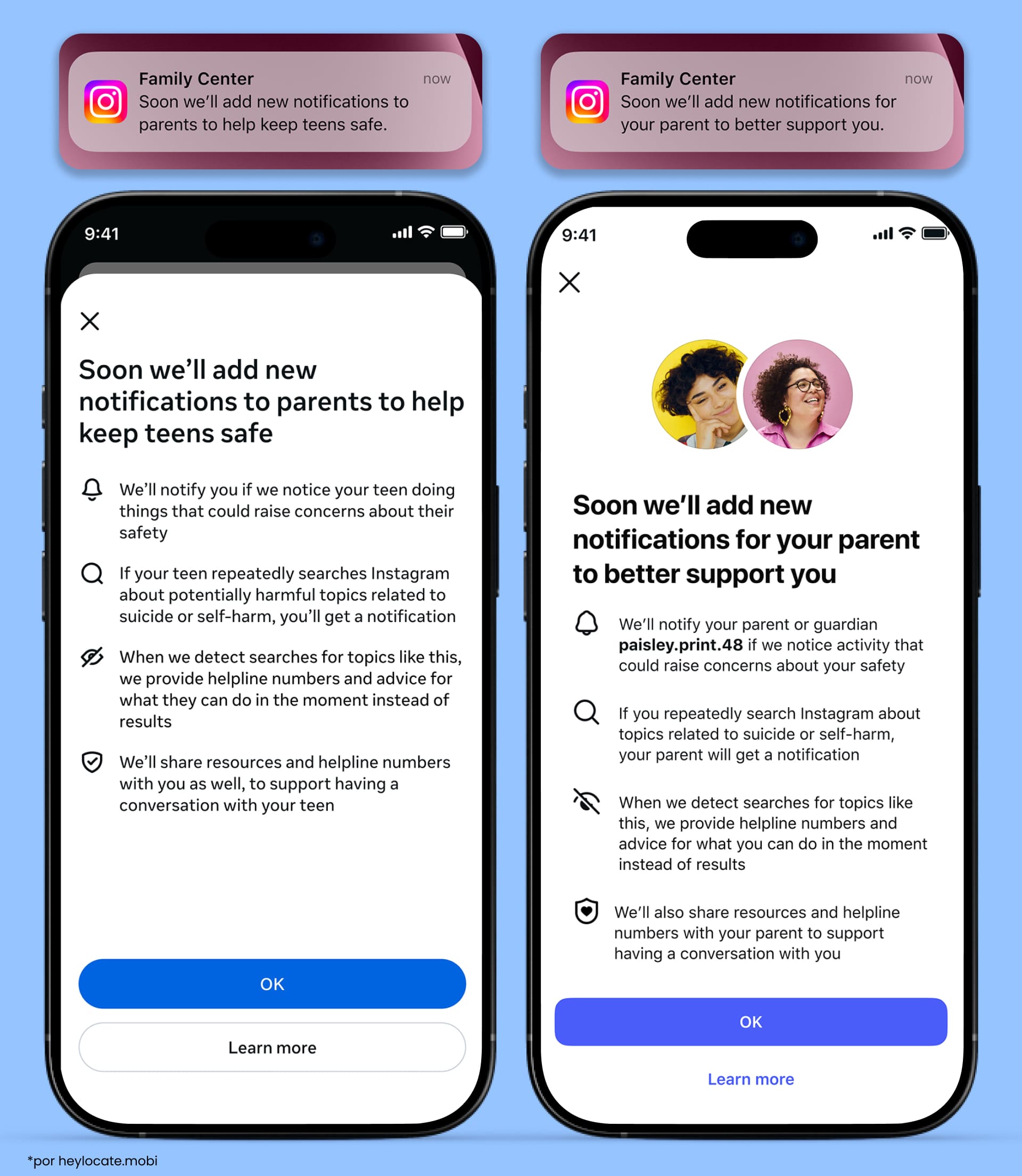Notificações do Instagram para pais e adolescentes sobre possíveis alertas de perigo.