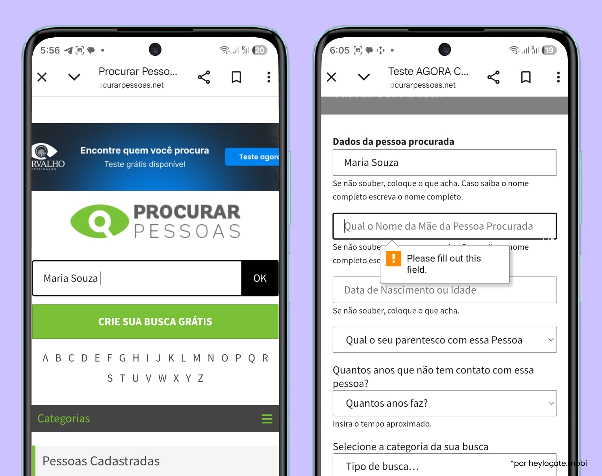 Exemplo de busca de uma pessoa no serviço Procurar Pessoas, com formulário para inserir o nome e dados adicionais para refinar os resultados.
