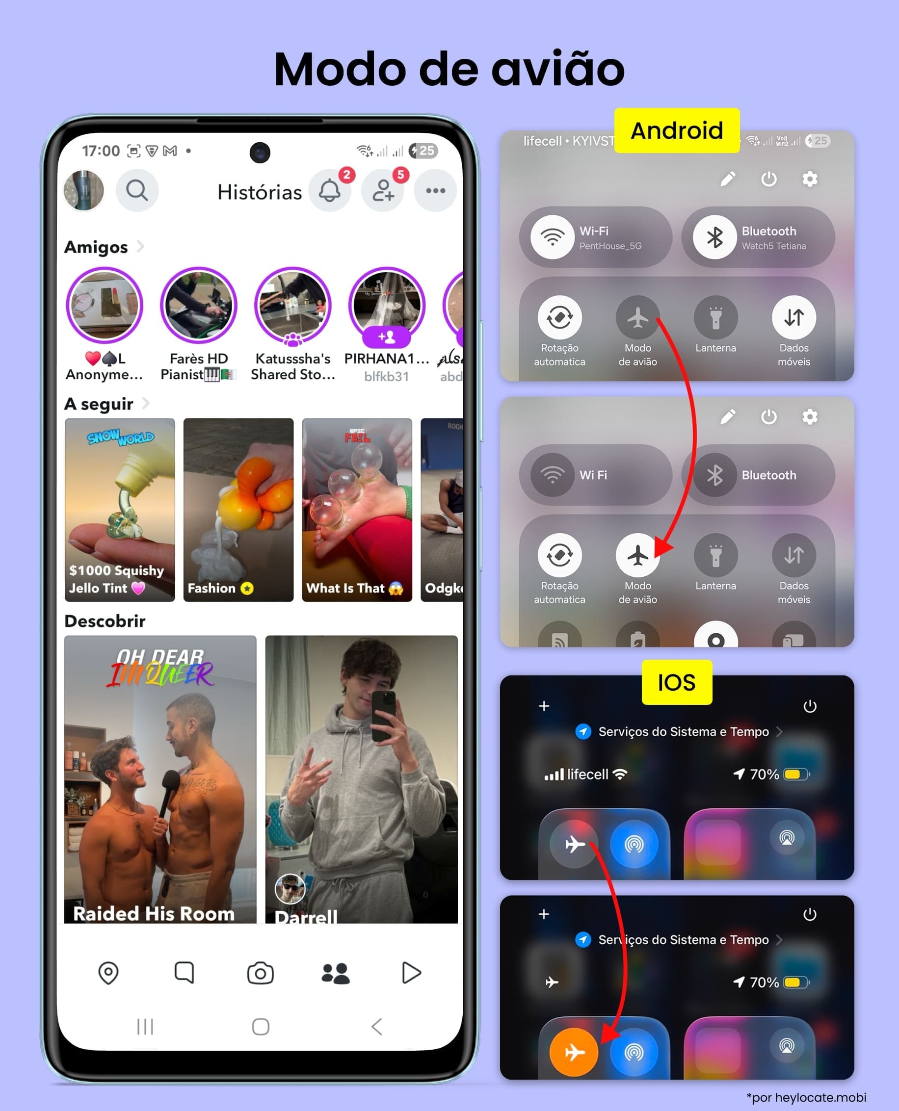 Página aberta do aplicativo Snapchat e instruções sobre como ativar o Modo Avião no Android e iOS.