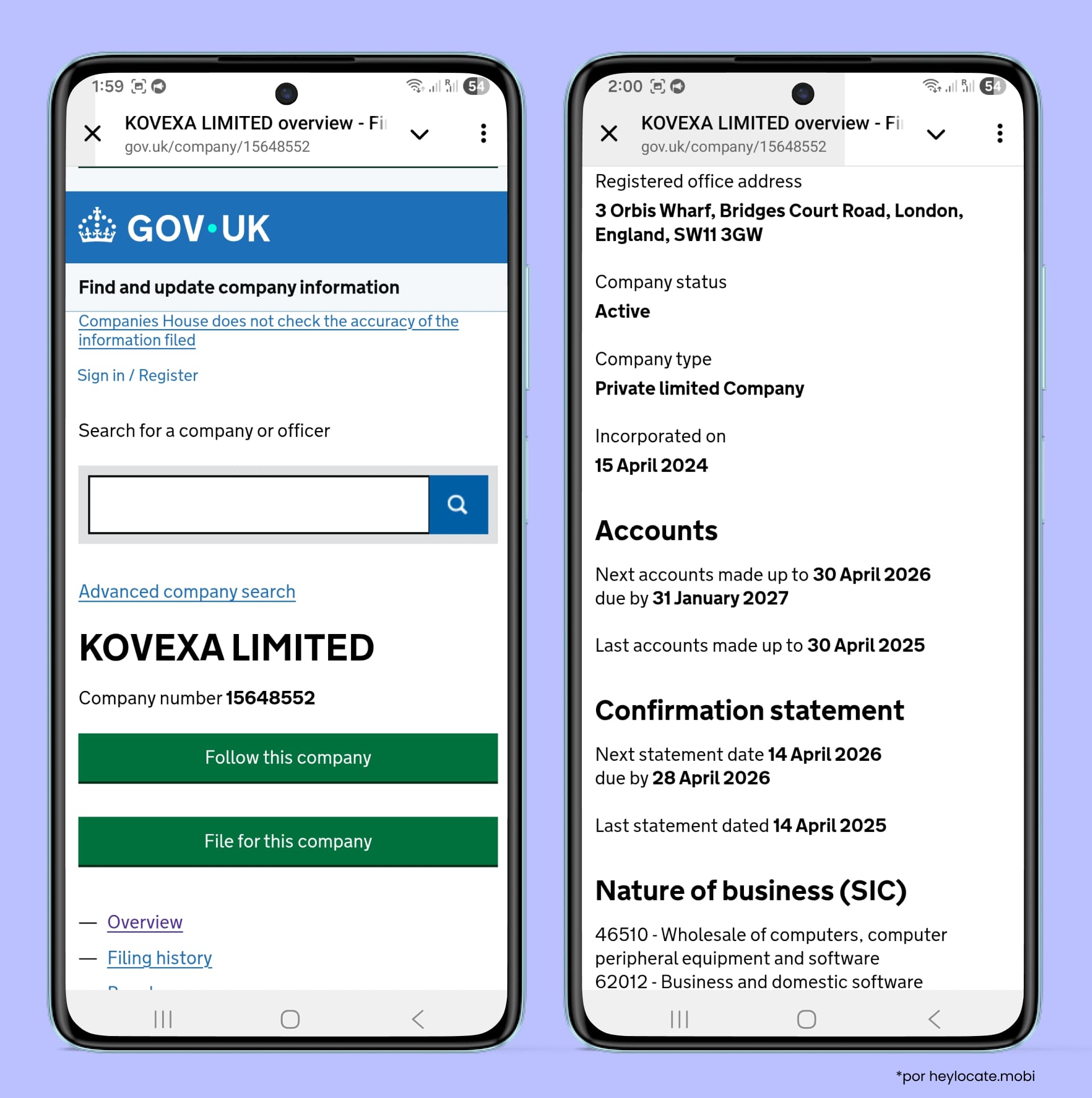 Site da Companies House do Reino Unido mostrando a página de visão geral da empresa com dados de registro, status ativo, endereço registrado, data de incorporação e informações comerciais.