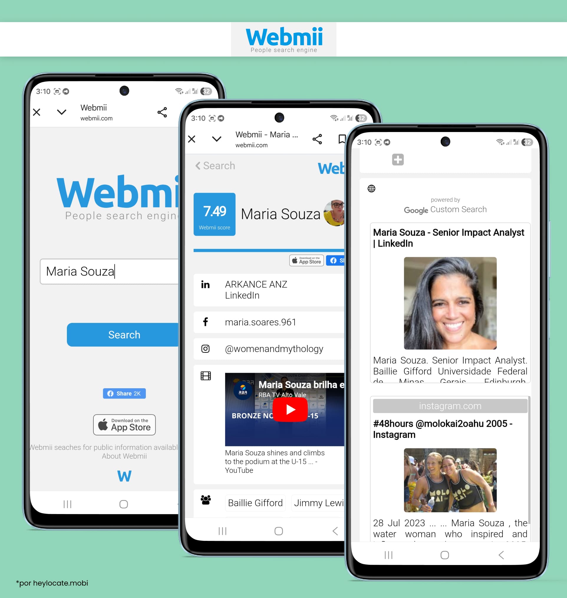 Interface do serviço Webmii para busca de pessoas, com um exemplo de resultados de pesquisa de perfil.