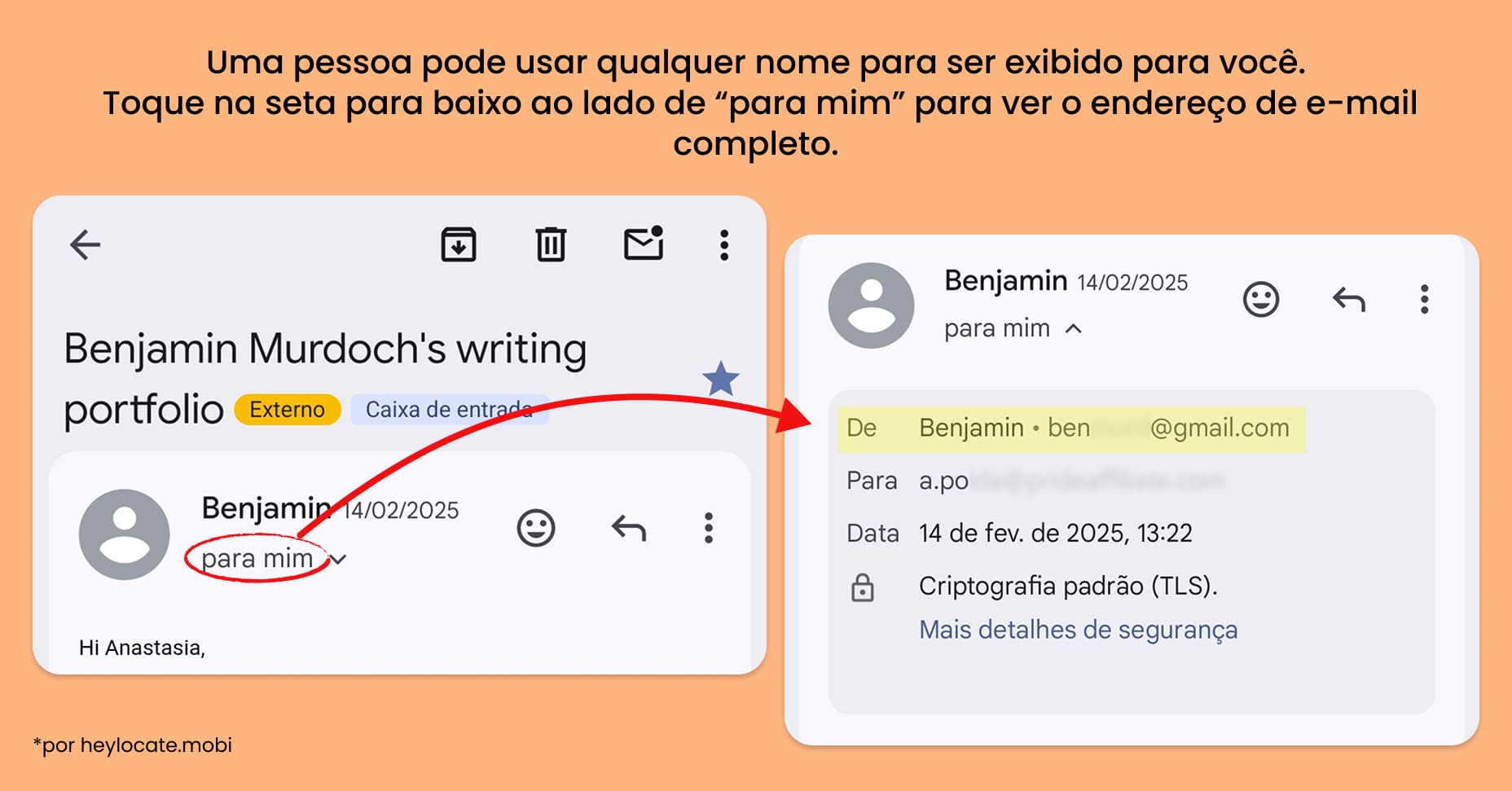 O Gmail mostra como abrir os detalhes do remetente para ver o endereço de e-mail completo e conferir se ele corresponde ao nome exibido.