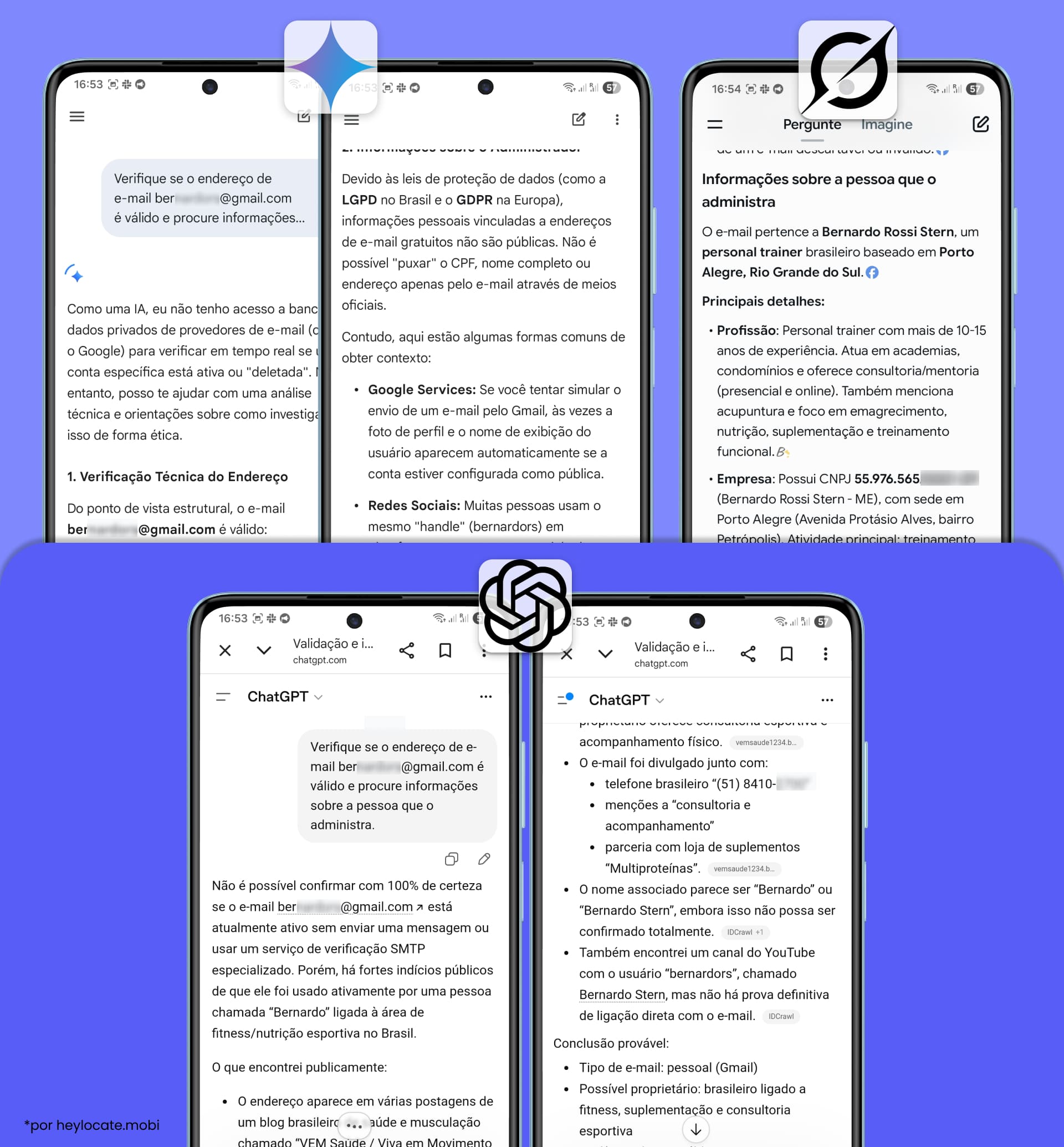 Gemini, Grok e ChatGPT analisam uma direção de e-mail e retornam conclusões diferentes sobre sua validade e as informações públicas associadas.