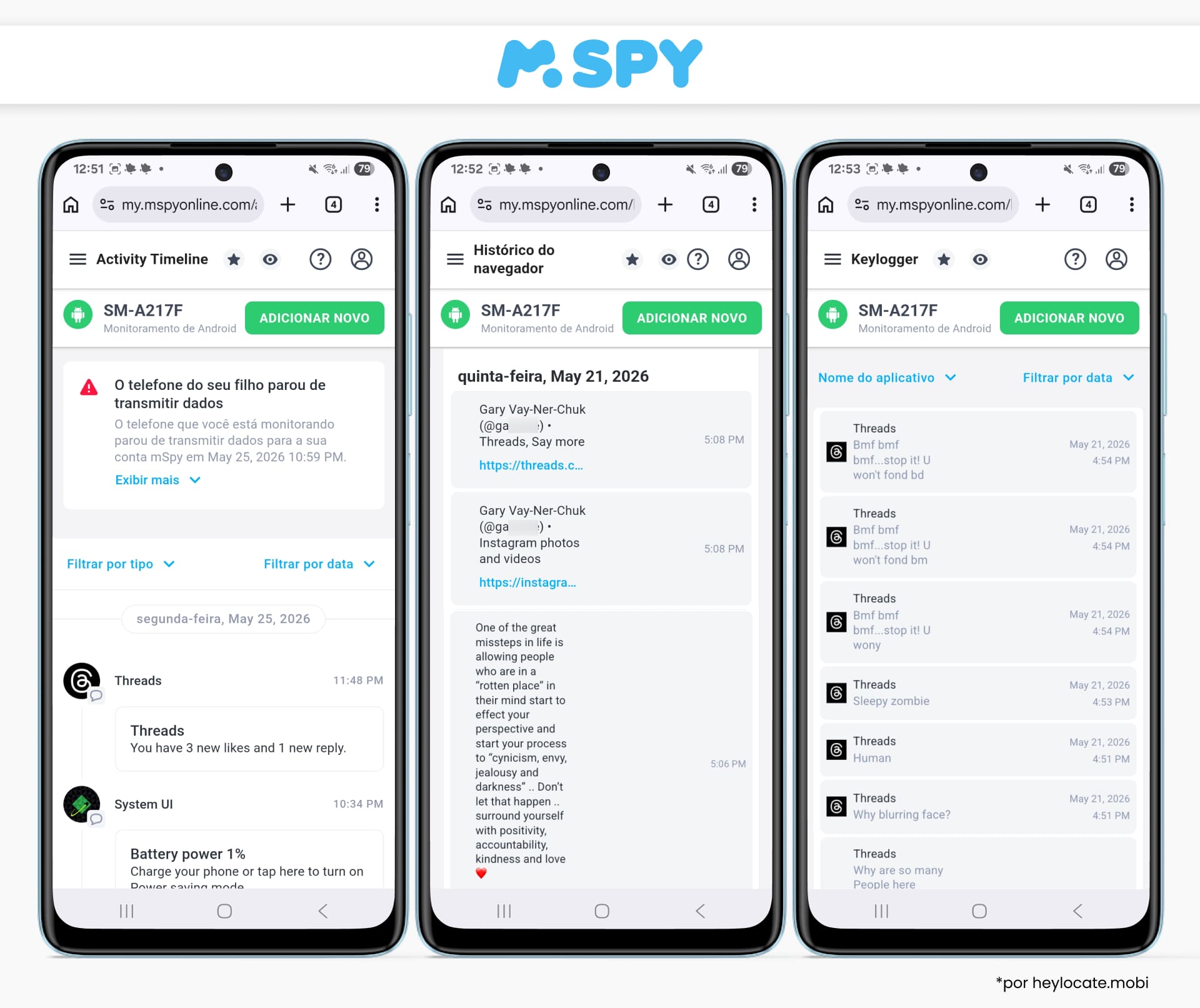 O mSpy mostra atividade do Threads, histórico do navegador e dados de keylogger, demonstrando uma forma baseada em monitoramento para ver atividade do Threads anonimamente.