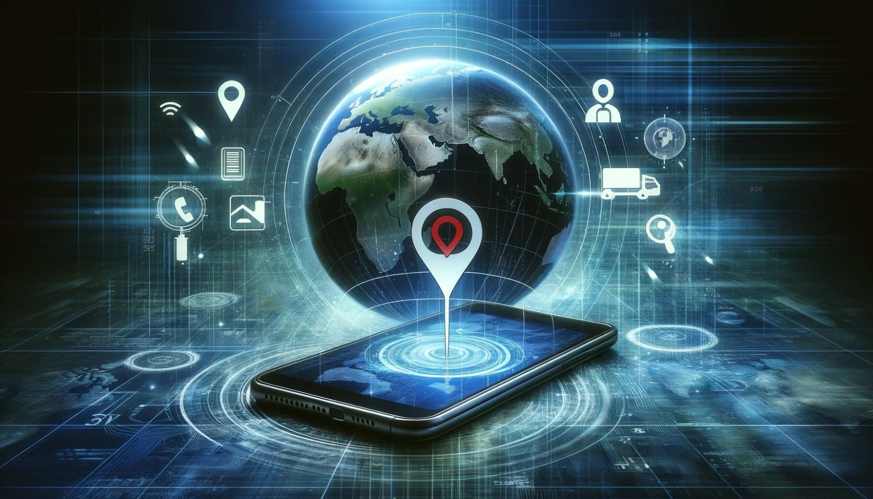 An abstract conceptual image representing the theme of tracking a phone location by typing in the number. The artwork include a digital globe showing various continents, symbolizing global reach. In the foreground, a smartphone displaying a map application with a pin icon indicating a location. Surrounding the phone, various symbols like a magnifying glass, question mark, and location markers should be present, illustrating the concept of searching and locating. The image has a sense of technology, investigation, and global connectivity, without including any personal information or specific phone numbers.
