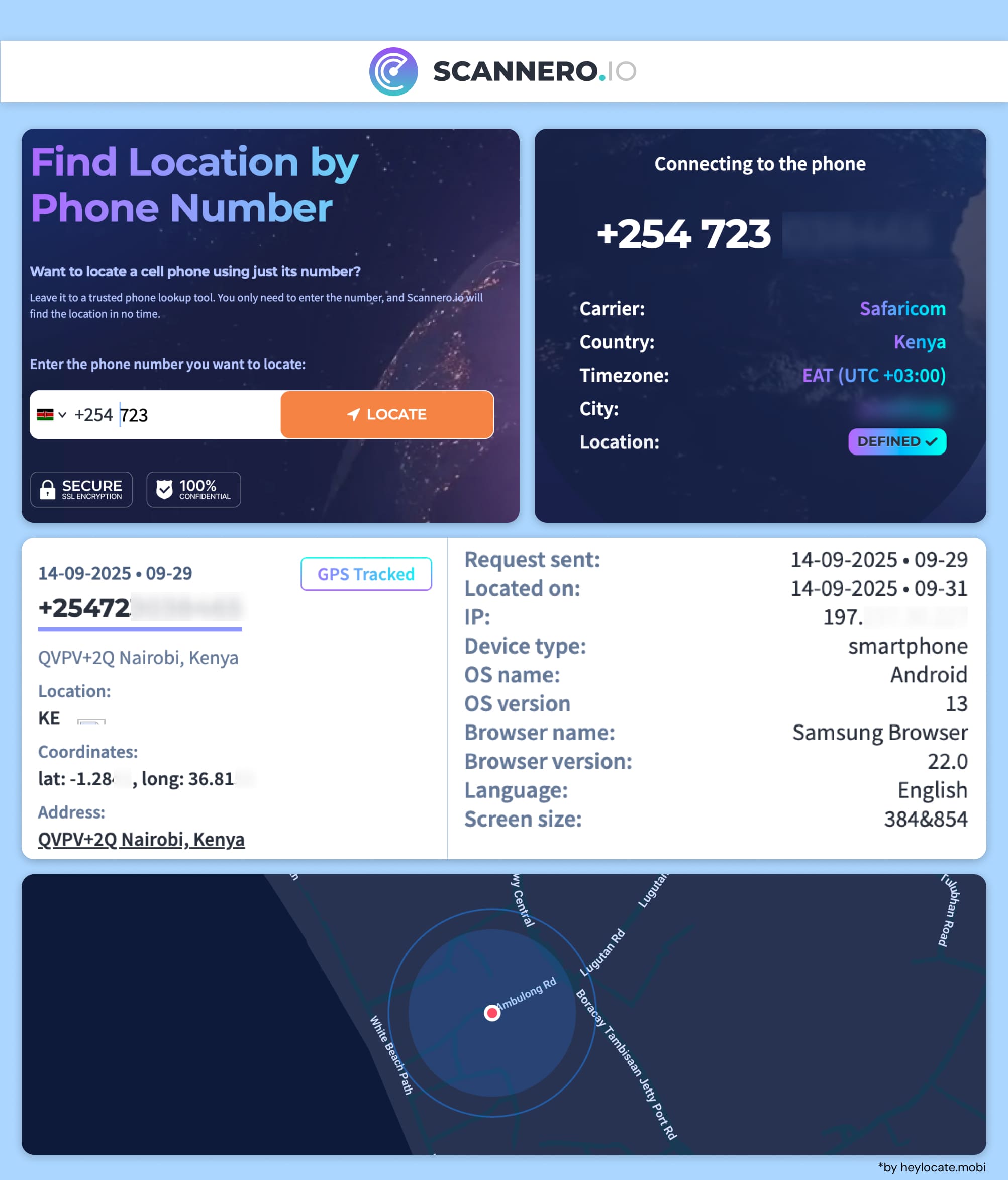 Enter the target phone number, pay, and get results with various data, including a pin on the map.