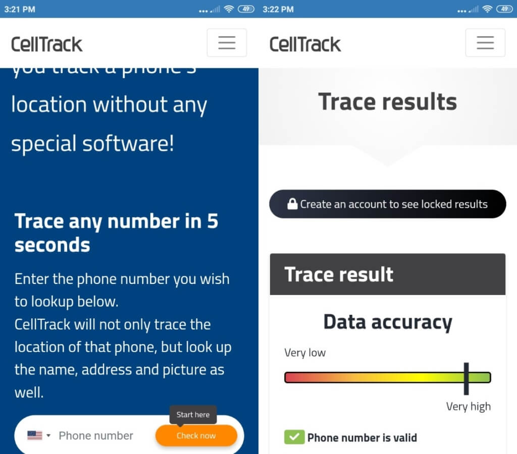screenshots of mobile home page of Celltrack app