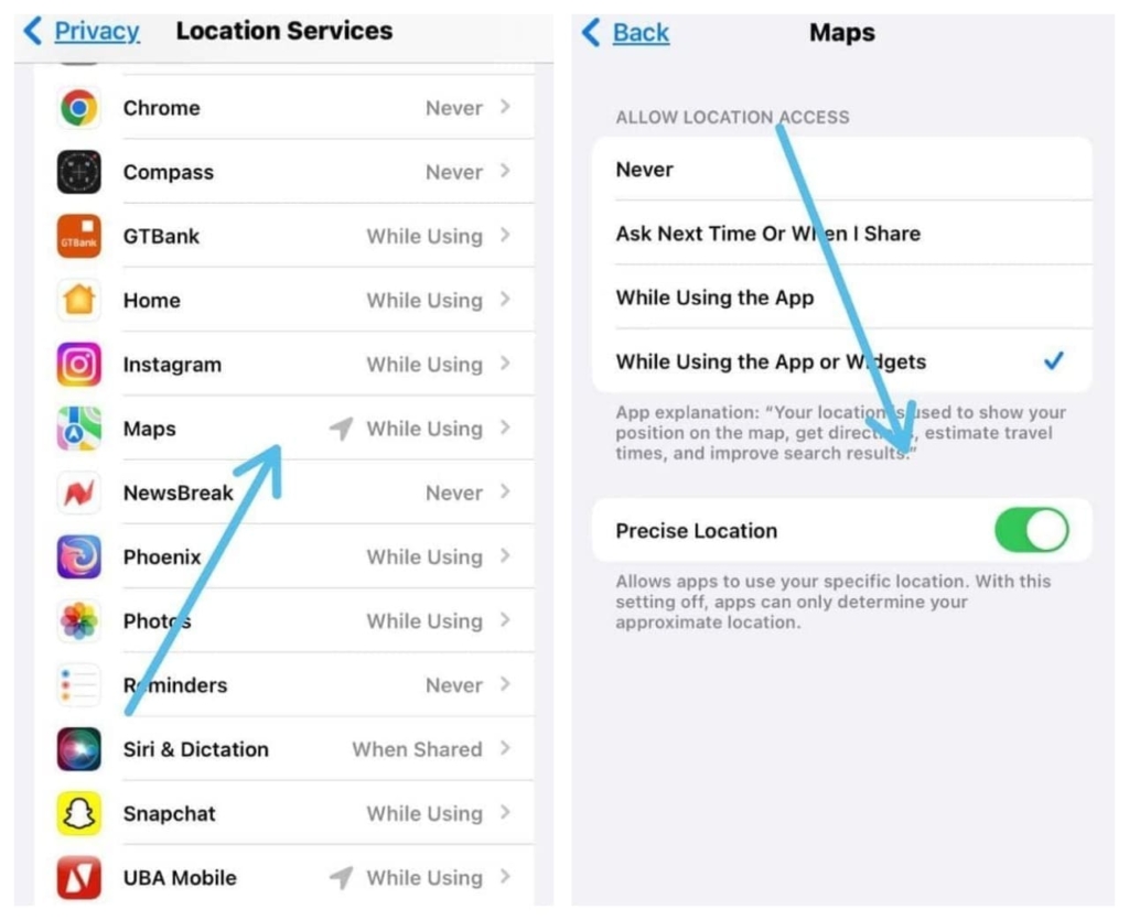 Toggle the slider to Precise Location in maps tab