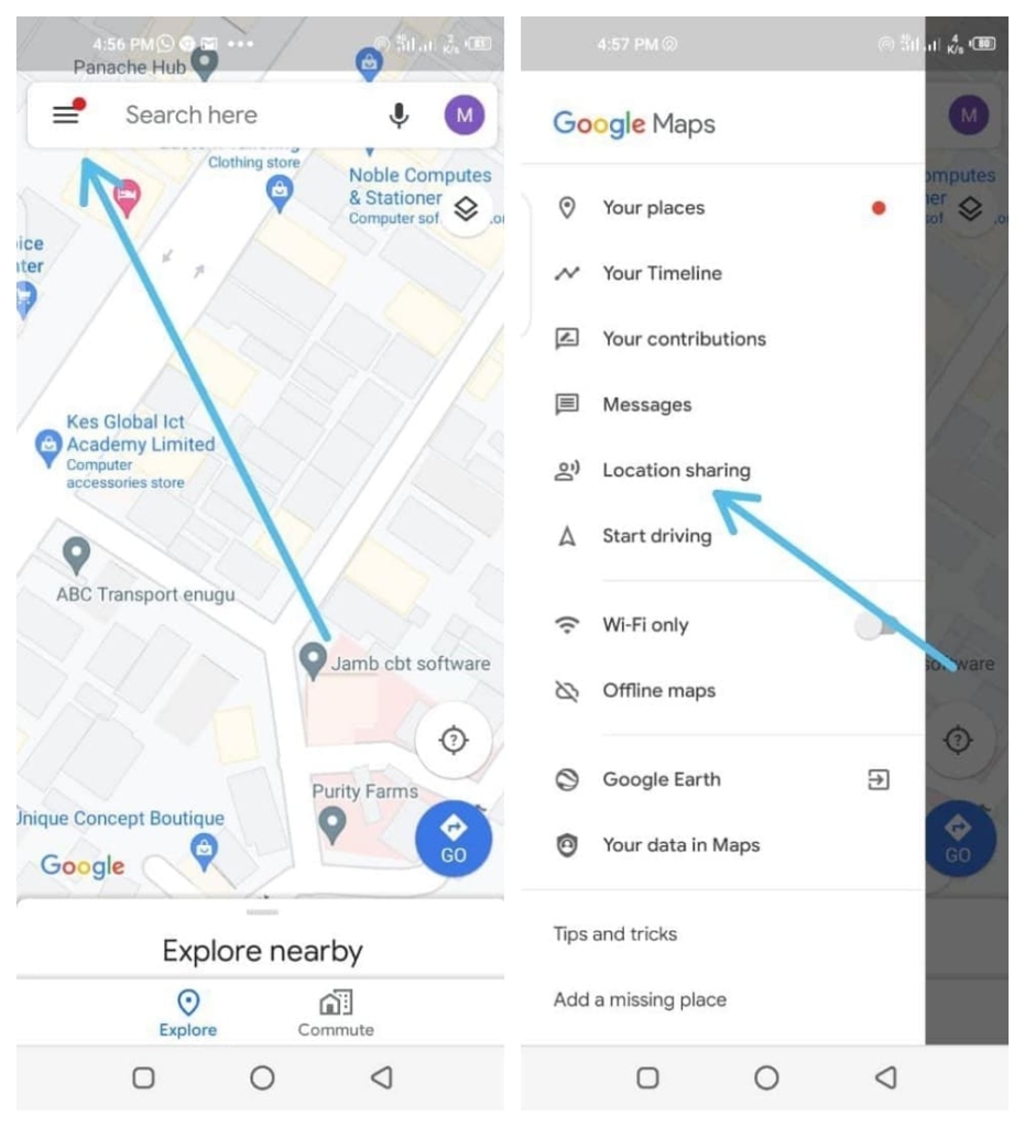 Switching to the Google Maps menu, Location sharing tab