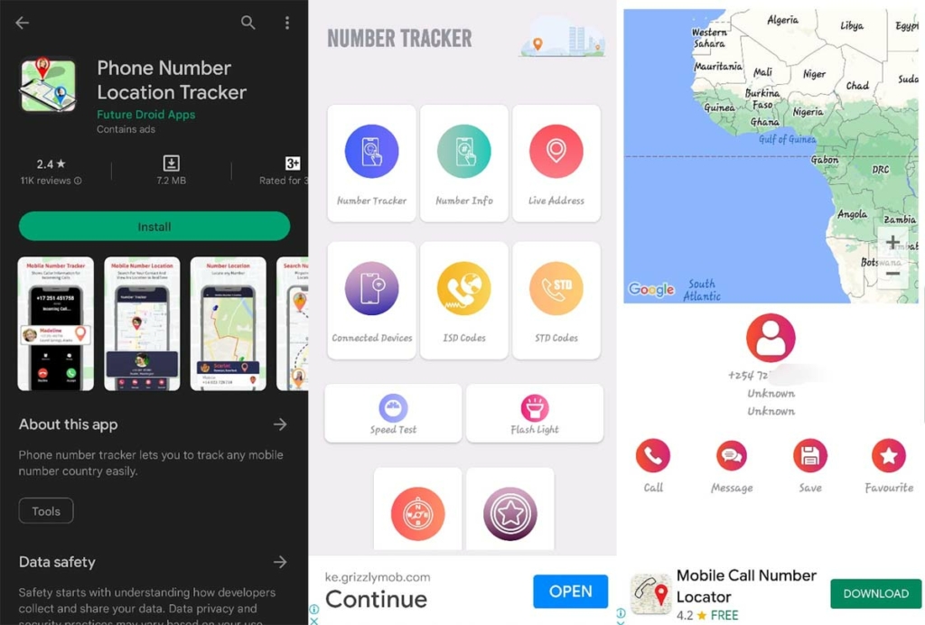 mobile screenshots of Phone Number Tracker from Future Droid Apps