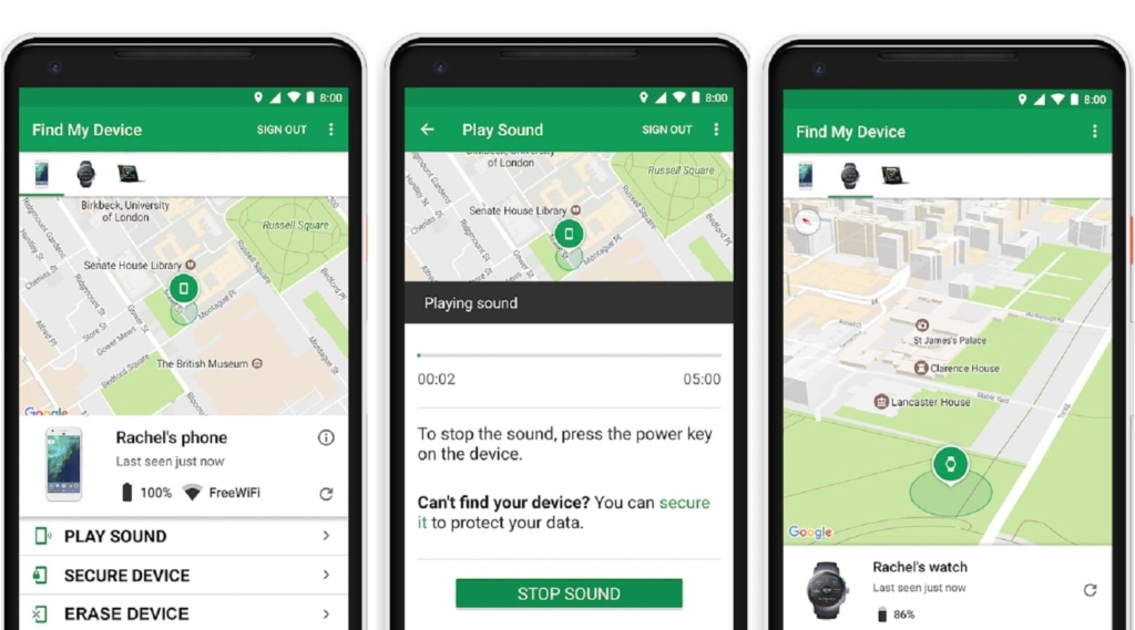 Find My Device screenshots with "play sound" feature and locating device