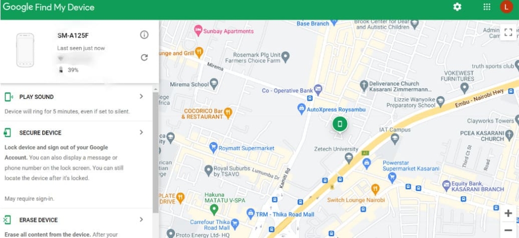 Search with Find My Device on google map