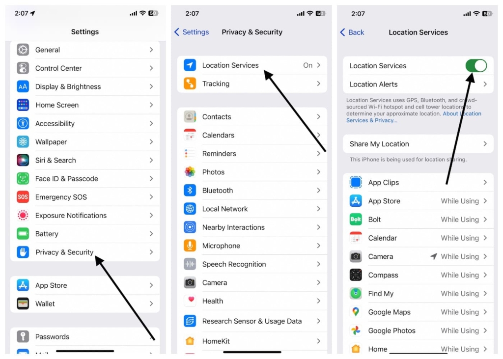 settings privacy and security - location services turn on