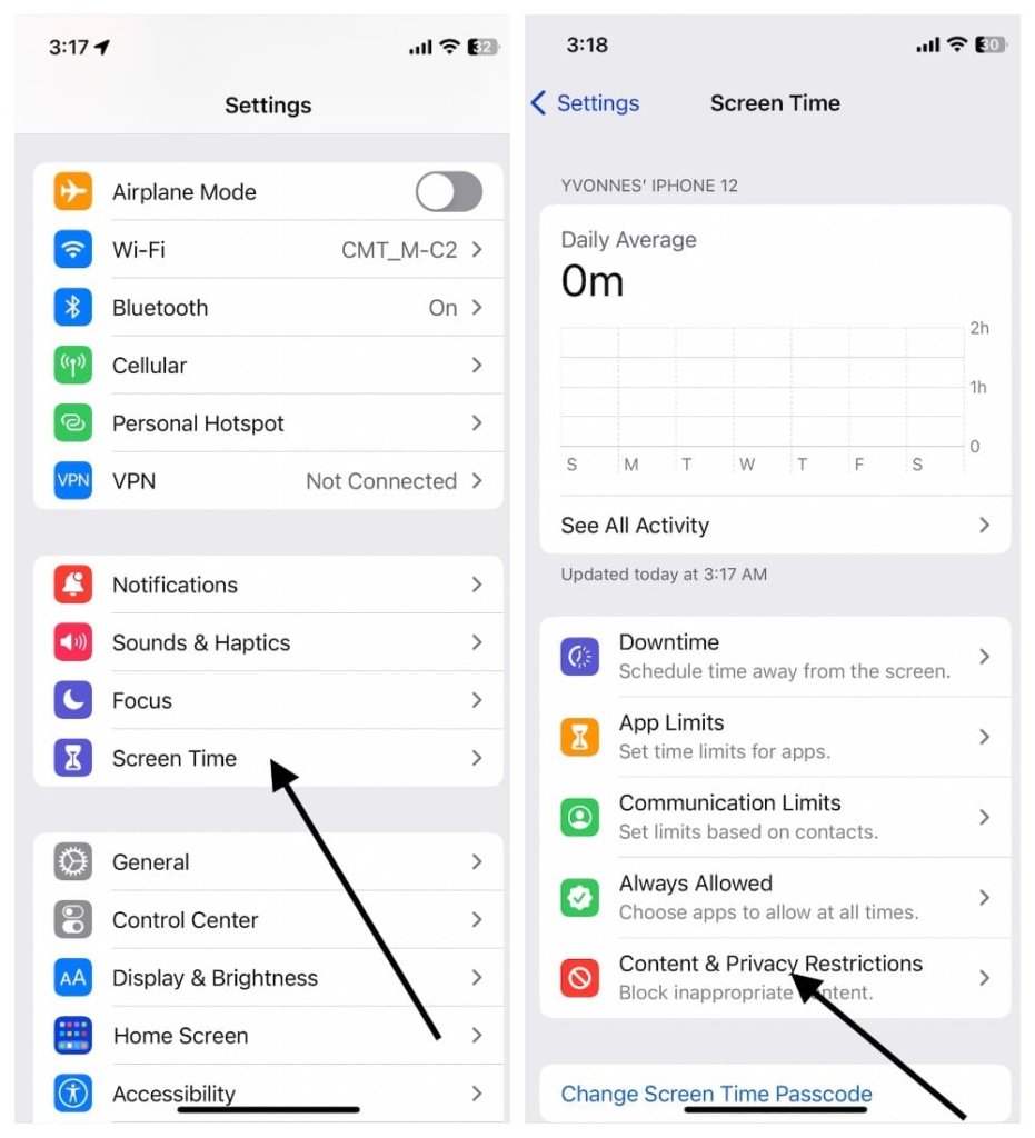 settings screen time - content and privacy restrictions