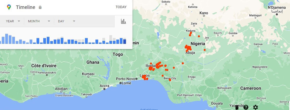 visual display of 30 days location history in Google Maps
