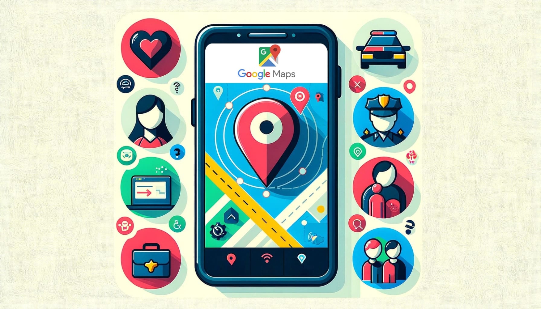 The top of the image shows a smartphone with the Google Maps app open, displaying a moving dot that represents tracking a cell phone. Below, divided into sections, are icons and brief descriptions of different scenarios: a heart icon for tracking a boyfriend/girlfriend, a police badge for locating a stolen phone, a question mark for tracing unknown calls, and family icons for monitoring children or parents. Another section shows a briefcase icon for employee tracking. The overall design is modern and user-friendly, with a color palette that's both engaging and professional.