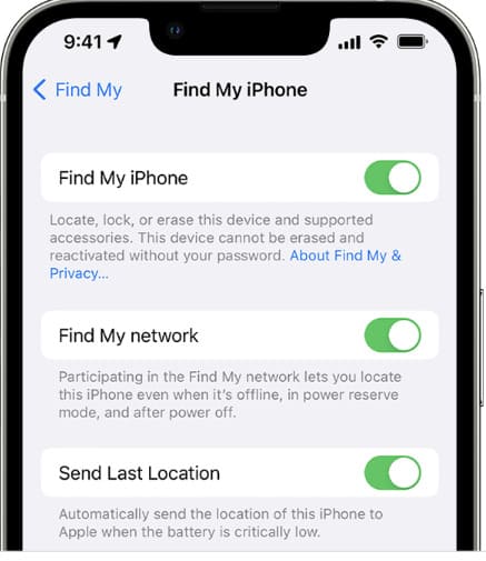 Find My Device, Network, Send Last Location are enabled