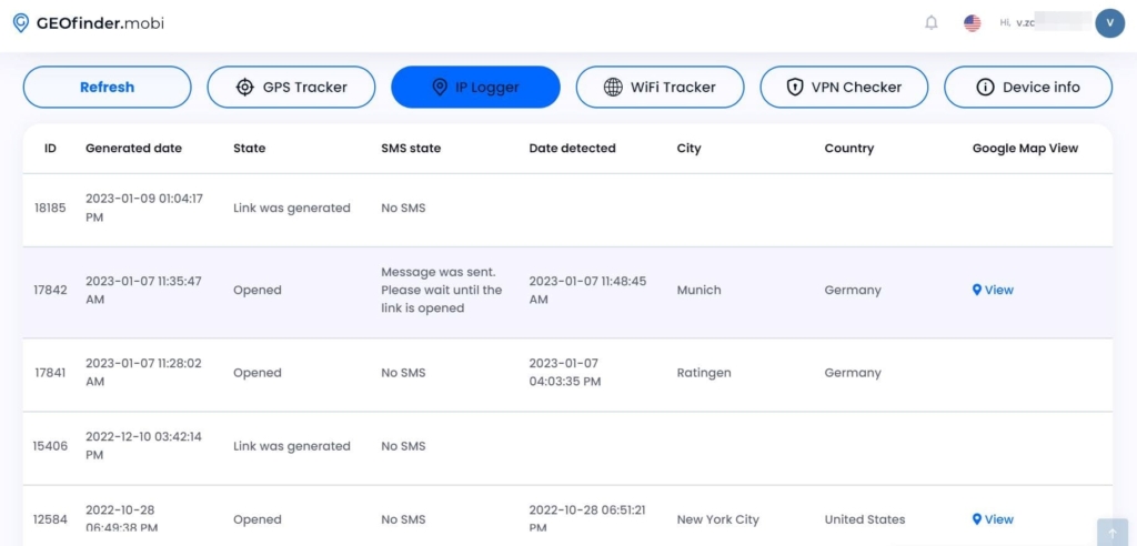 GeoFinder IP Logging report table