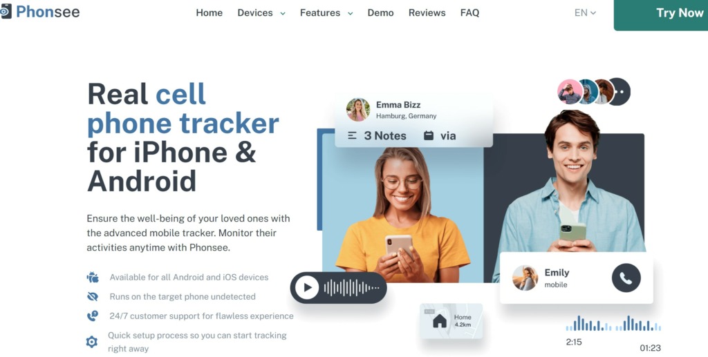 Homepage of Phonsee cell phone tracker with people using tracker to track call