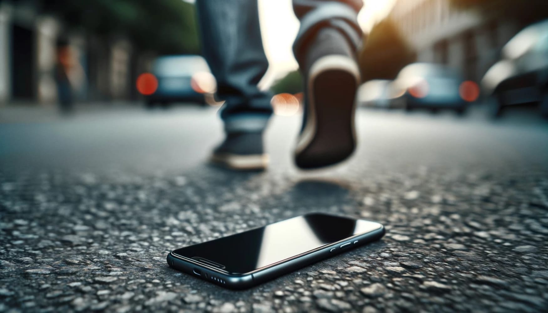 An image showing a close-up of a lost phone lying on asphalt. In the background, partially out of focus, is a human foot and leg, indicating that the person is walking away from the phone. The human leg in the scene, walking away, suggests a moment of loss or oversight, where the person has unknowingly dropped their phone. The scene convey a sense of departure, with the phone's solitary position on the asphalt underlining the theme of disconnection and absence.