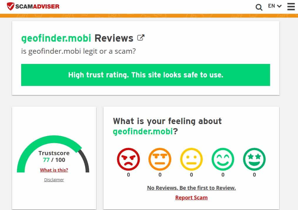 information about GEOfinder.mobi from the scamadviser.com service