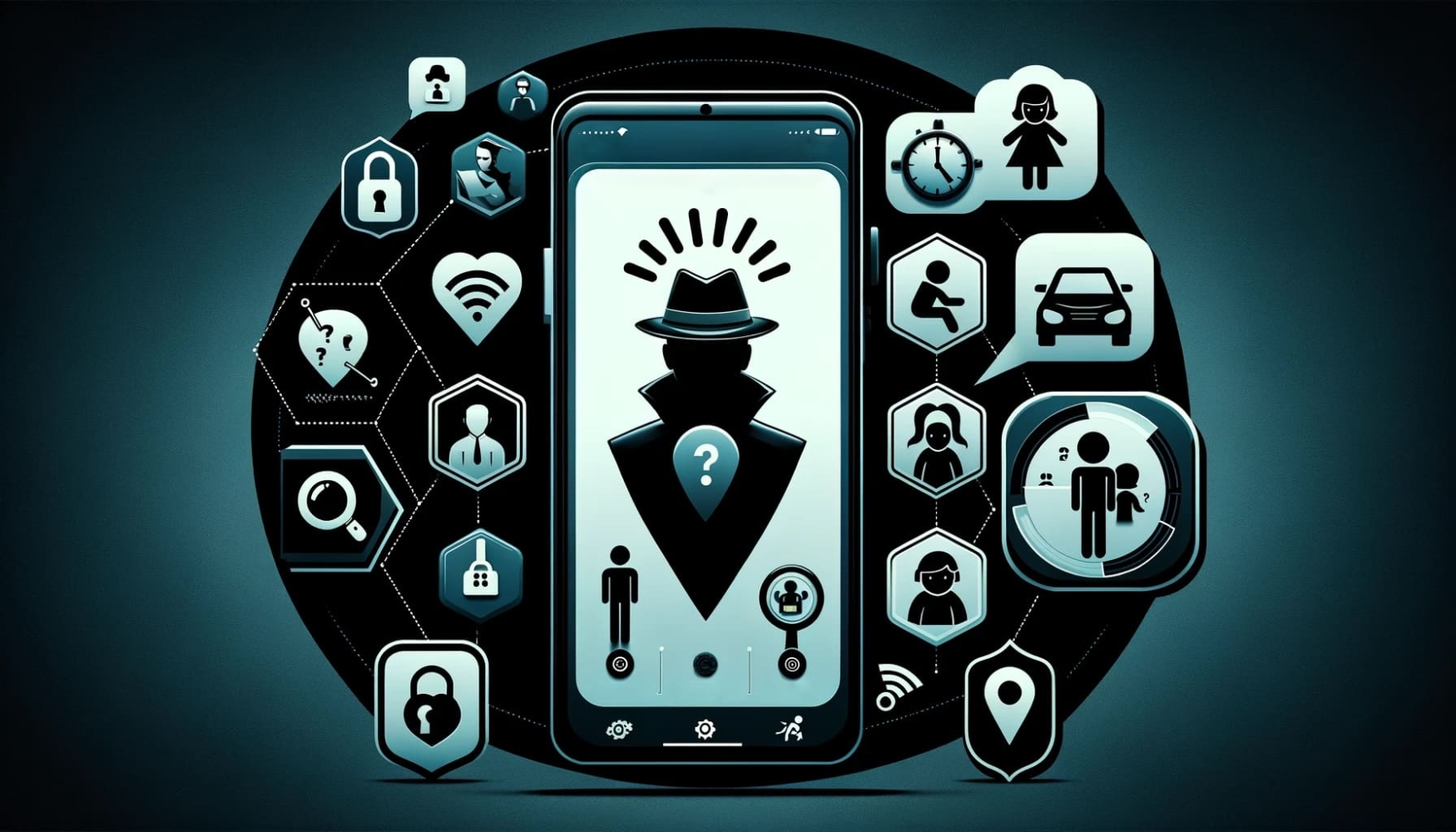 A conceptual design of a smartphone displaying a stealth mode tracking app interface with icons for different user demographics like employers, parents, and children, as well as features like remote control, digital monitoring, and geofencing alerts, all encapsulated in a dark theme with a detective hat symbolizing discreet surveillance.
