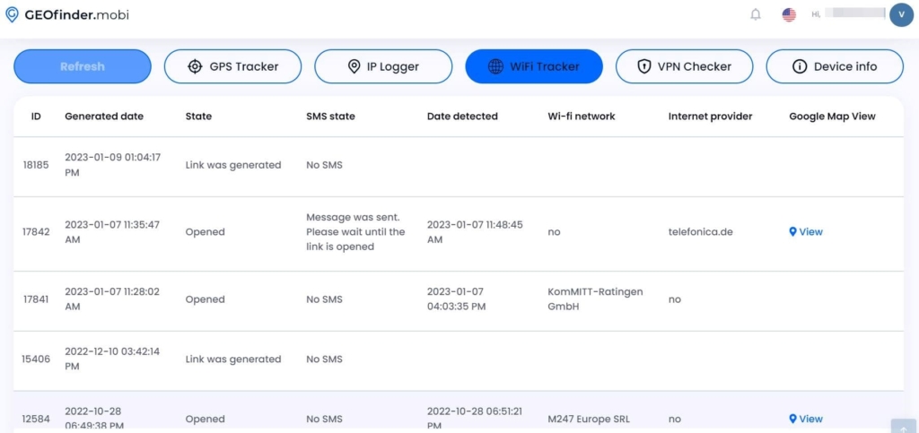 Wi-Fi Tracker report table