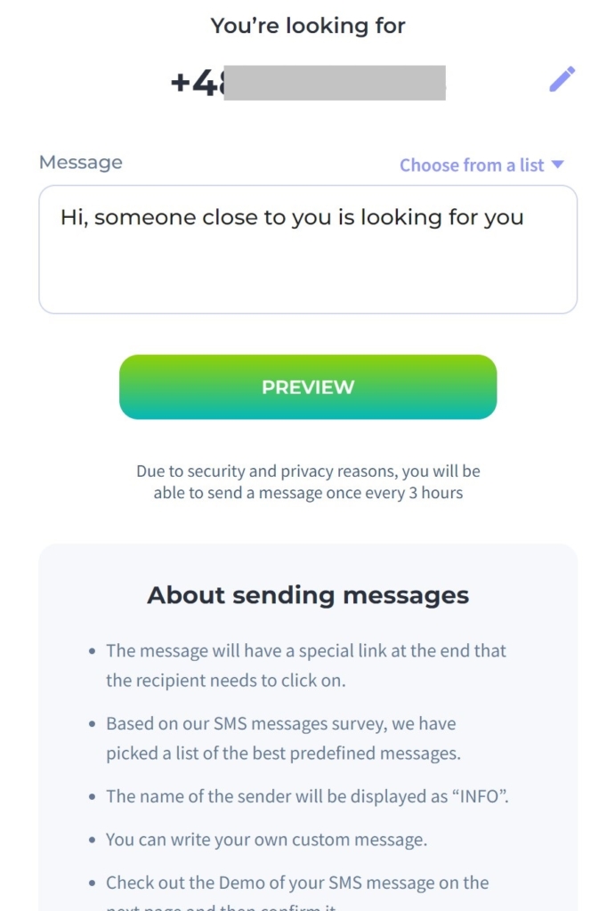 Message template on Scannero.io phone number tracker