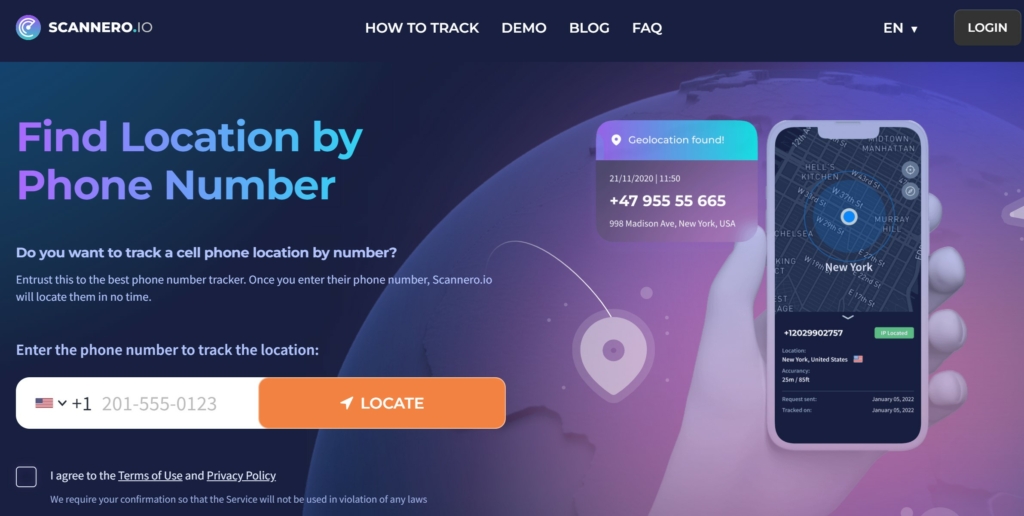 Homepage of Scannero.io track phone number service
