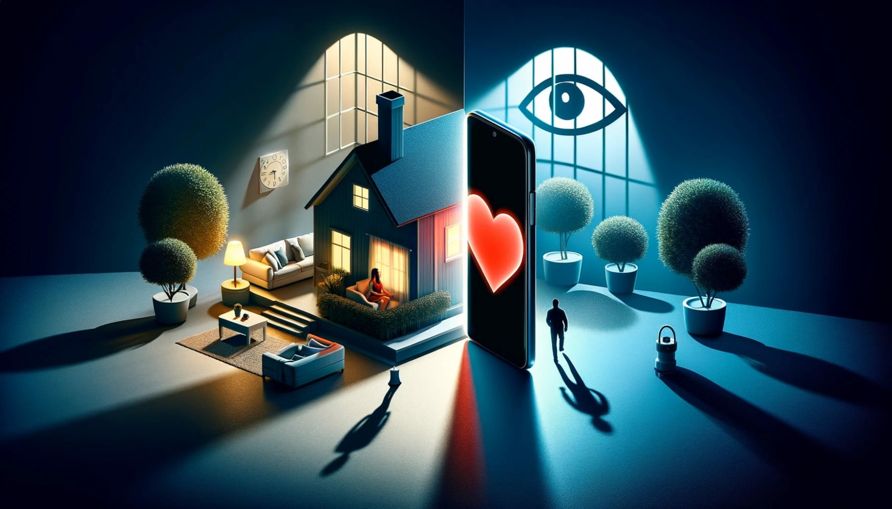 A conceptual artwork depicting the dual nature of phone tracking applications in marriage, with one side showing a smartphone displaying a heart symbol in a bright, secure setting, and the other side a smartphone with an eye icon in a shadowy ambiance, symbolizing the balance between care and surveillance.