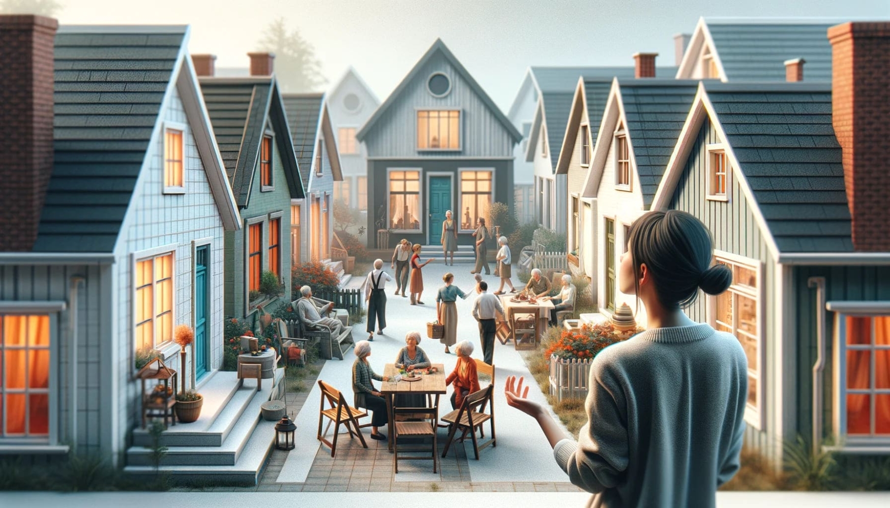 A quaint neighborhood scene featuring small houses with people engaged in various activities around them. In the foreground, a woman is standing with an expression of curiosity and wonder on her face, as if asking herself, "Who are they?". The setting is peaceful and inviting, capturing the essence of community life. The architecture of the houses suggests a cozy, welcoming atmosphere.