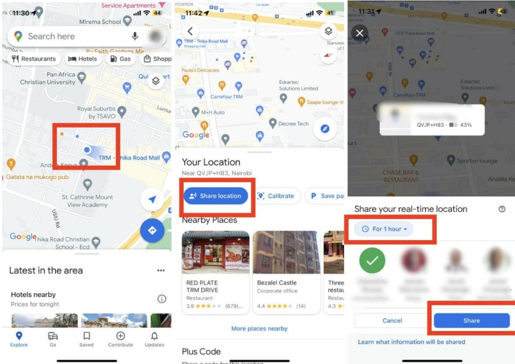 Screenshots of steps to share your location on Google Maps