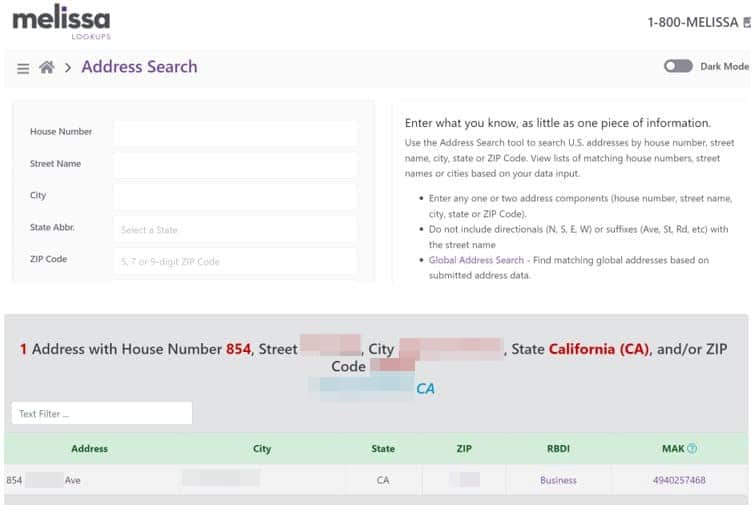 Melissa Lookups property owner search results