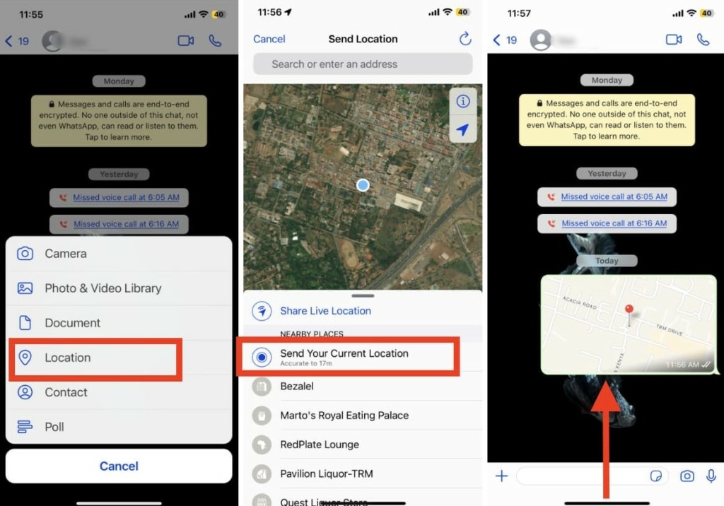Screenshots of steps to share your location on WhatsApp