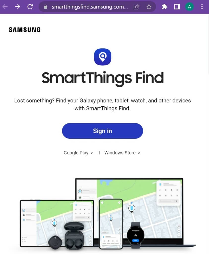 Starting Page of Samsung SmartThings Find (previously Find My Mobile)
