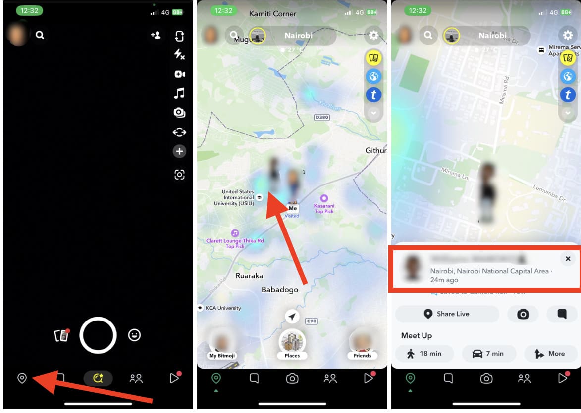 screenshots with the inclusion of the application the exact location on the map indicating the distance in time and the ability to share in a live broadcast