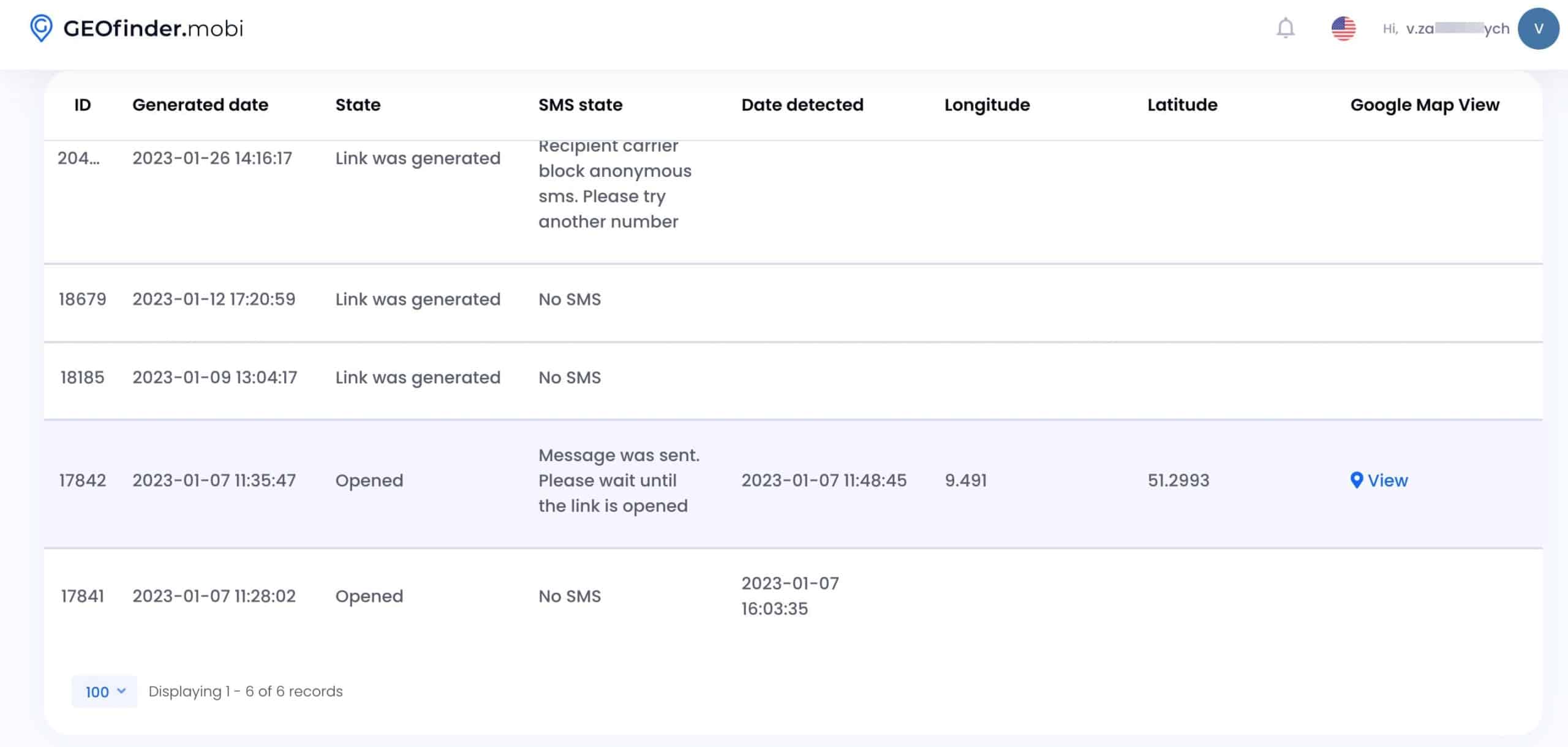 A screenshot of the GEOfinder.mob page with the date, time, and location of your child
